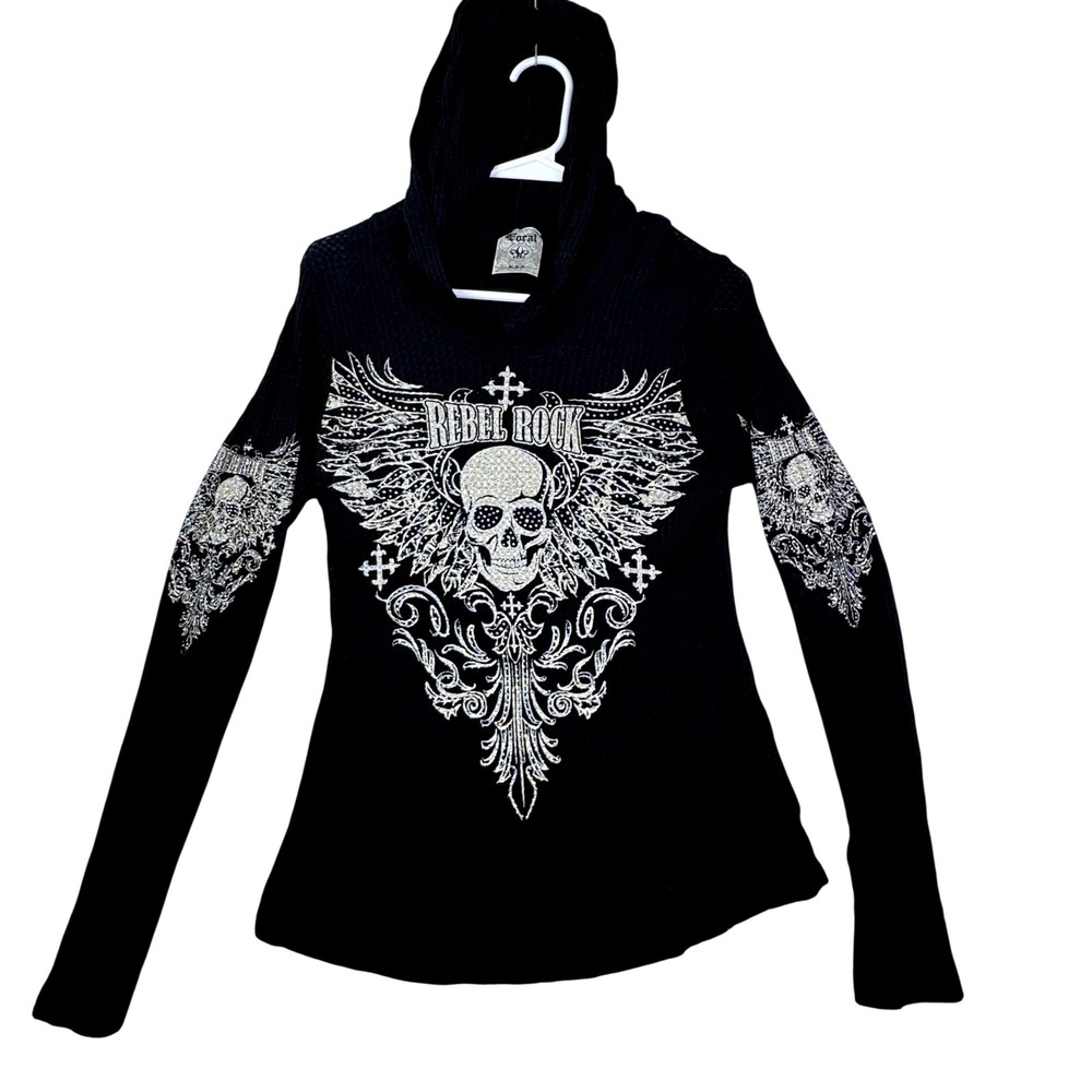 Vocal Thermal Hoodie Womens Small Black Rebel Rock Skull Rhinestone Winged Cross